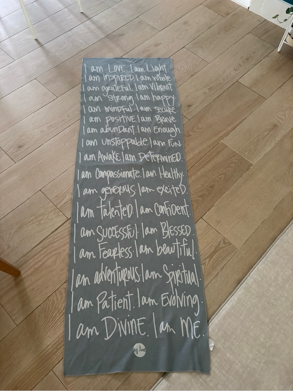 Gray Affirmation Yoga Mat Runner with White Handwritten Script